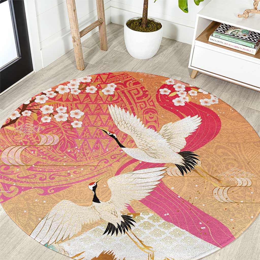 Hawaiian and Japanese Culture Together Round Carpet Kakau Art Tattoo with Cranes and Sakura Spring Vibe LT03 Multicolor - Polynesian Pride