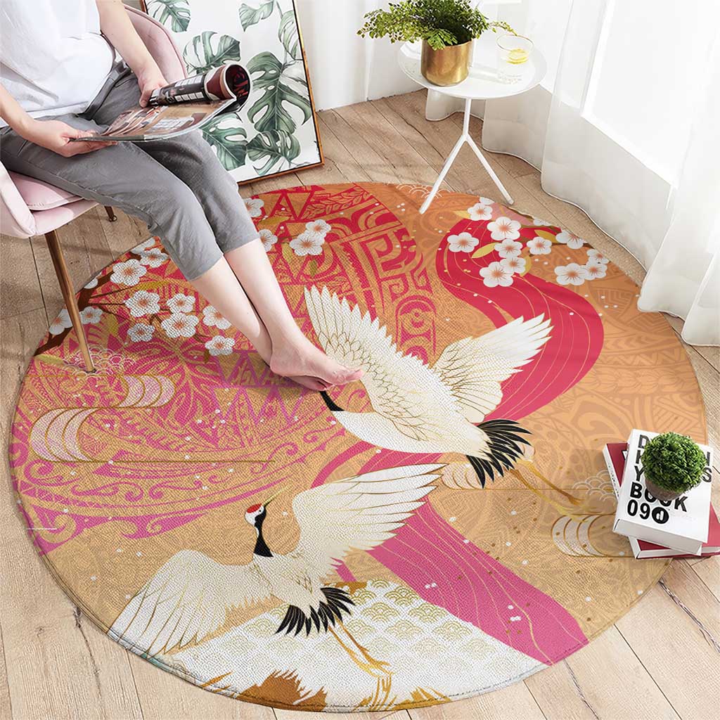 Hawaiian and Japanese Culture Together Round Carpet Kakau Art Tattoo with Cranes and Sakura Spring Vibe LT03 - Polynesian Pride