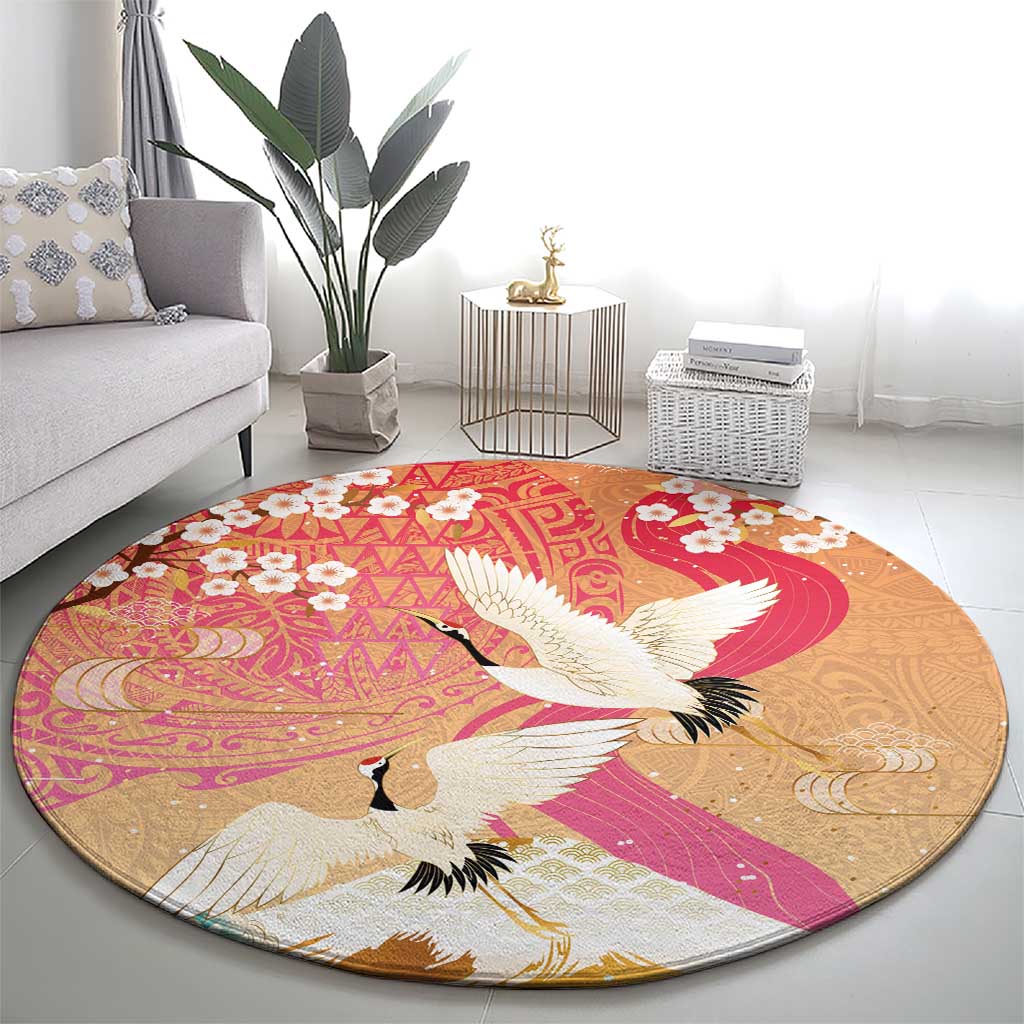 Hawaiian and Japanese Culture Together Round Carpet Kakau Art Tattoo with Cranes and Sakura Spring Vibe LT03 - Polynesian Pride