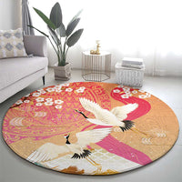 Hawaiian and Japanese Culture Together Round Carpet Kakau Art Tattoo with Cranes and Sakura Spring Vibe LT03 - Polynesian Pride