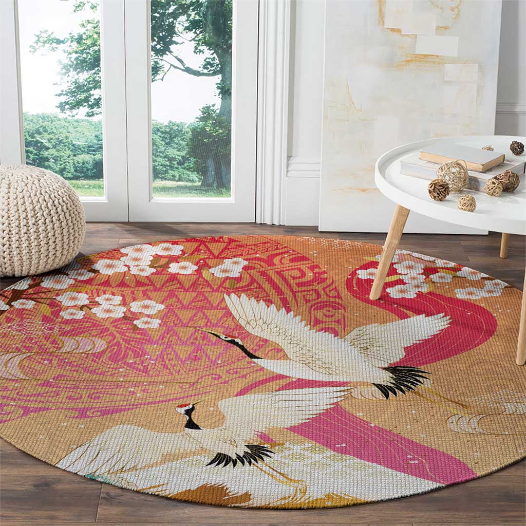 Hawaiian and Japanese Culture Together Round Carpet Kakau Art Tattoo with Cranes and Sakura Spring Vibe LT03 - Polynesian Pride