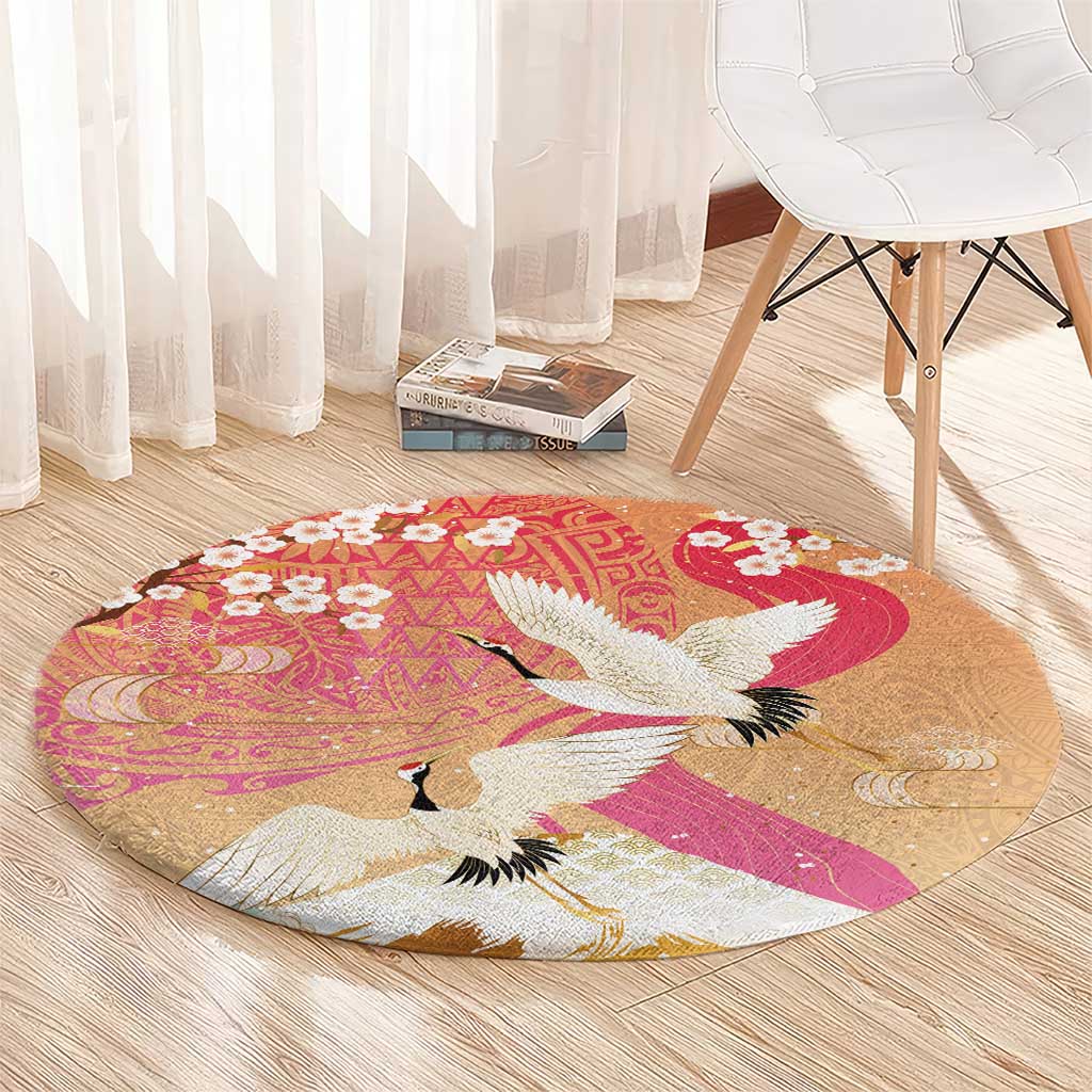 Hawaiian and Japanese Culture Together Round Carpet Kakau Art Tattoo with Cranes and Sakura Spring Vibe LT03 - Polynesian Pride