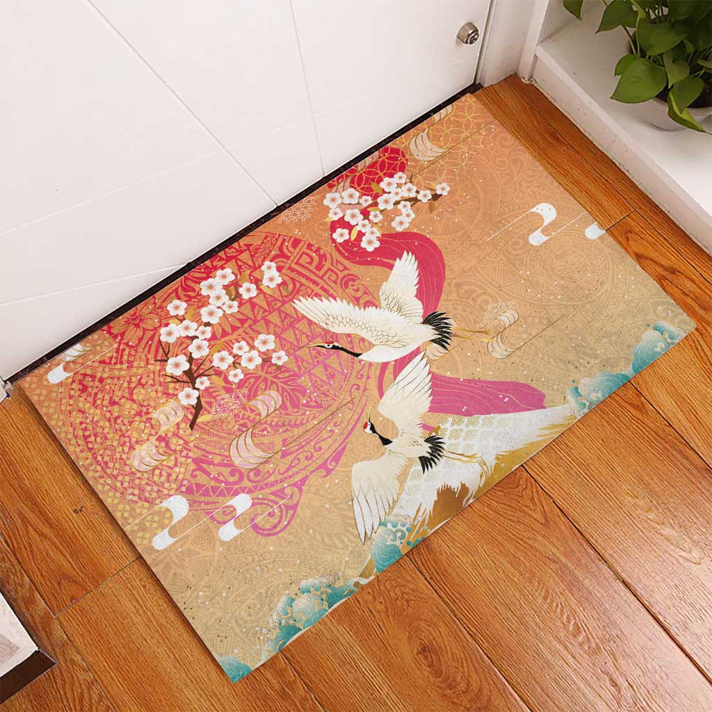 Hawaiian and Japanese Culture Together Rubber Doormat Kakau Art Tattoo with Cranes and Sakura Spring Vibe LT03 - Polynesian Pride