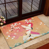Hawaiian and Japanese Culture Together Rubber Doormat Kakau Art Tattoo with Cranes and Sakura Spring Vibe LT03 - Polynesian Pride