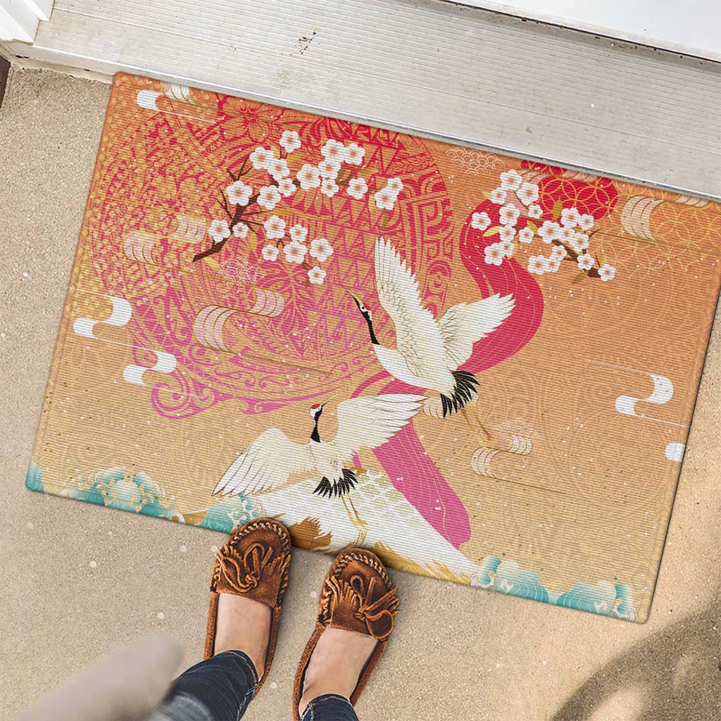 Hawaiian and Japanese Culture Together Rubber Doormat Kakau Art Tattoo with Cranes and Sakura Spring Vibe LT03 - Polynesian Pride
