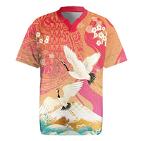 Hawaiian and Japanese Culture Together Rugby Jersey Kakau Art Tattoo with Cranes and Sakura Spring Vibe LT03 Multicolor - Polynesian Pride