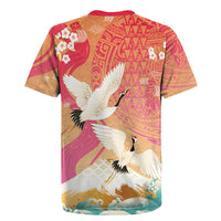 Hawaiian and Japanese Culture Together Rugby Jersey Kakau Art Tattoo with Cranes and Sakura Spring Vibe LT03 - Polynesian Pride