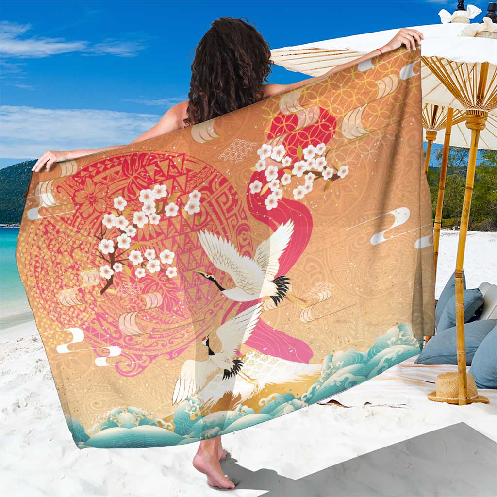 Hawaiian and Japanese Culture Together Sarong Kakau Art Tattoo with Cranes and Sakura Spring Vibe LT03 One Size 44 x 66 inches Multicolor - Polynesian Pride