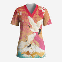 Hawaiian and Japanese Culture Together Scrub Top Kakau Art Tattoo with Cranes and Sakura Spring Vibe LT03 Adult Multicolor - Polynesian Pride