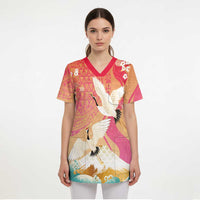 Hawaiian and Japanese Culture Together Scrub Top Kakau Art Tattoo with Cranes and Sakura Spring Vibe LT03 - Polynesian Pride