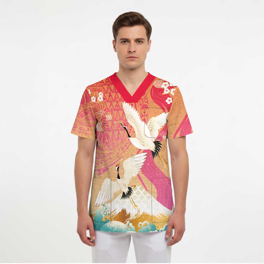 Hawaiian and Japanese Culture Together Scrub Top Kakau Art Tattoo with Cranes and Sakura Spring Vibe LT03 - Polynesian Pride