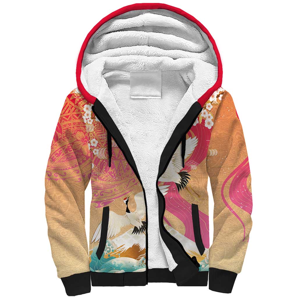 Hawaiian and Japanese Culture Together Sherpa Hoodie Kakau Art Tattoo with Cranes and Sakura Spring Vibe LT03 Unisex Multicolor - Polynesian Pride