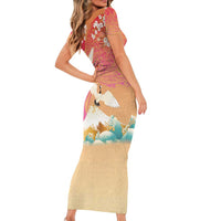 Hawaiian and Japanese Culture Together Short Sleeve Bodycon Dress Kakau Art Tattoo with Cranes and Sakura Spring Vibe LT03 - Polynesian Pride