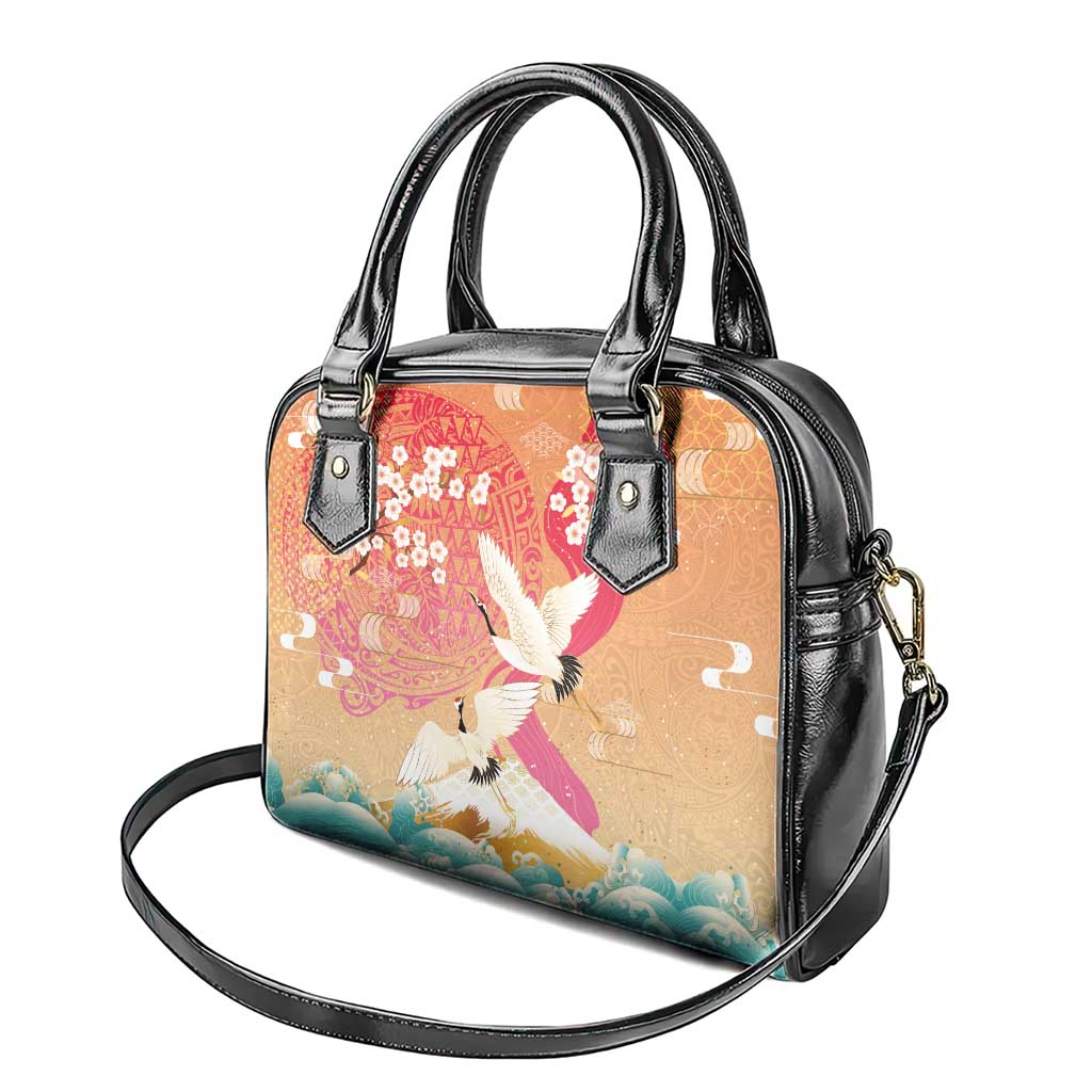 Hawaiian and Japanese Culture Together Shoulder Handbag Kakau Art Tattoo with Cranes and Sakura Spring Vibe LT03 - Polynesian Pride
