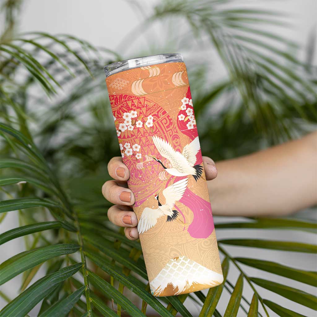 Hawaiian and Japanese Culture Together Skinny Tumbler Kakau Art Tattoo with Cranes and Sakura Spring Vibe LT03 - Polynesian Pride