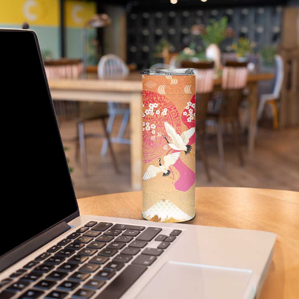 Hawaiian and Japanese Culture Together Skinny Tumbler Kakau Art Tattoo with Cranes and Sakura Spring Vibe LT03 - Polynesian Pride