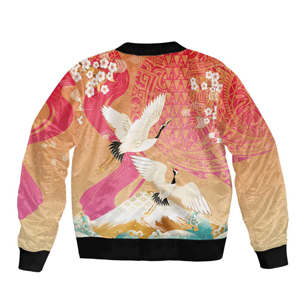 Hawaiian and Japanese Culture Together Sleeve Zip Bomber Jacket Kakau Art Tattoo with Cranes and Sakura Spring Vibe LT03 - Polynesian Pride