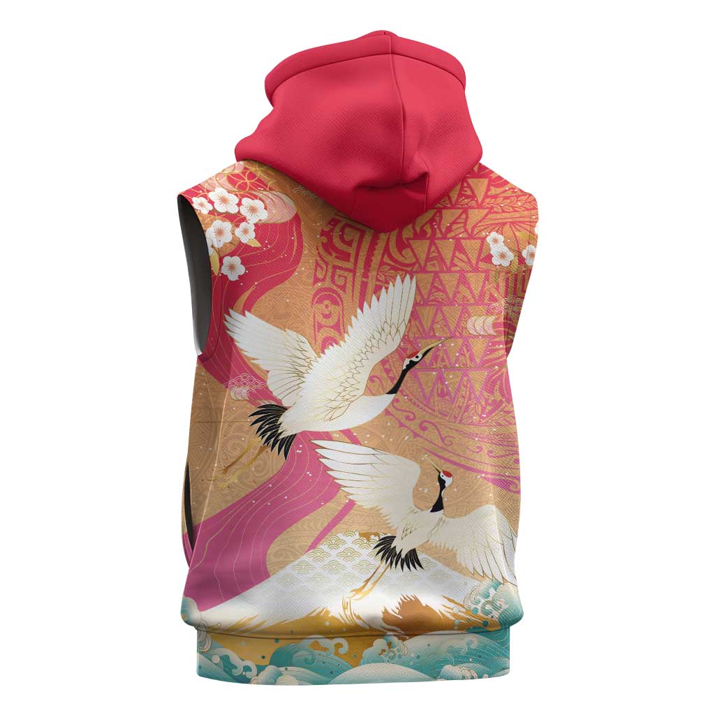 Hawaiian and Japanese Culture Together Sleeveless Hoodie Kakau Art Tattoo with Cranes and Sakura Spring Vibe LT03 - Polynesian Pride