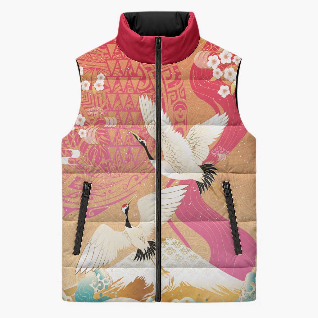 Hawaiian and Japanese Culture Together Sleeveless Puffer Jacket Kakau Art Tattoo with Cranes and Sakura Spring Vibe LT03 Unisex Multicolor - Polynesian Pride