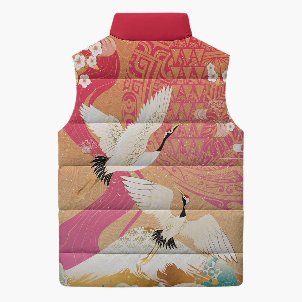 Hawaiian and Japanese Culture Together Sleeveless Puffer Jacket Kakau Art Tattoo with Cranes and Sakura Spring Vibe LT03 - Polynesian Pride