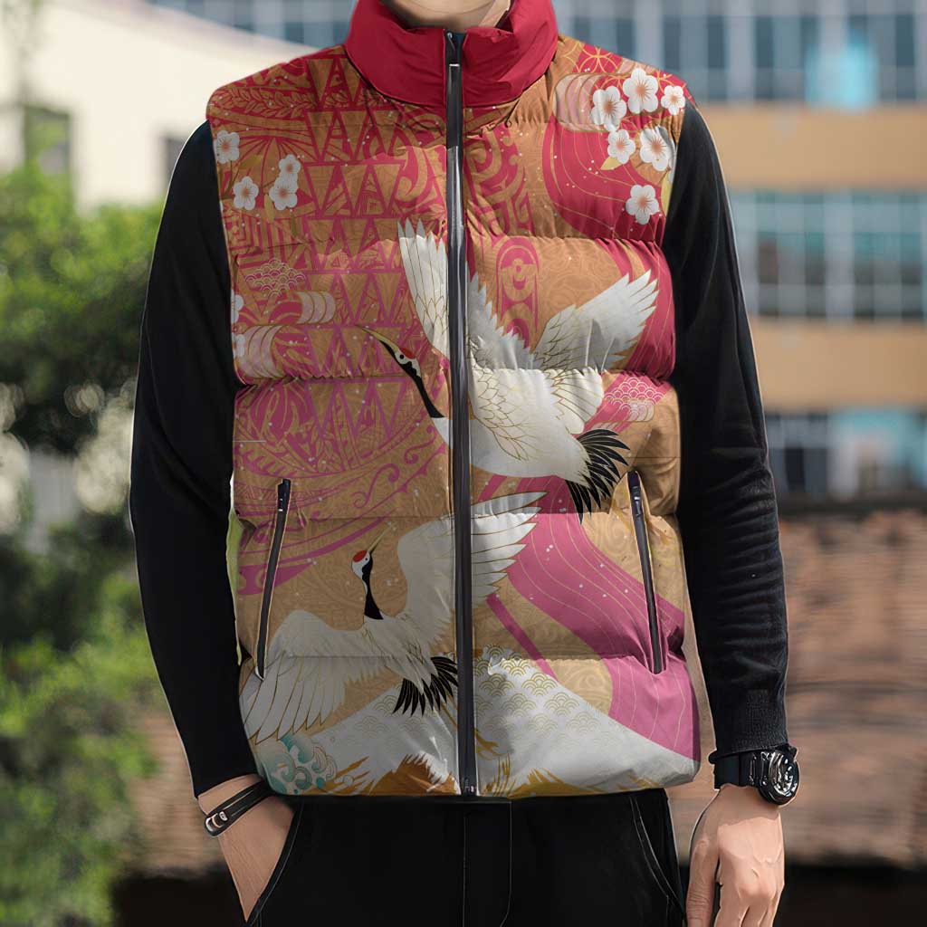 Hawaiian and Japanese Culture Together Sleeveless Puffer Jacket Kakau Art Tattoo with Cranes and Sakura Spring Vibe LT03 - Polynesian Pride