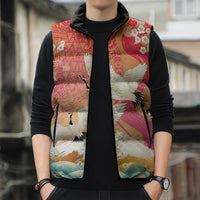 Hawaiian and Japanese Culture Together Sleeveless Puffer Jacket Kakau Art Tattoo with Cranes and Sakura Spring Vibe LT03 - Polynesian Pride
