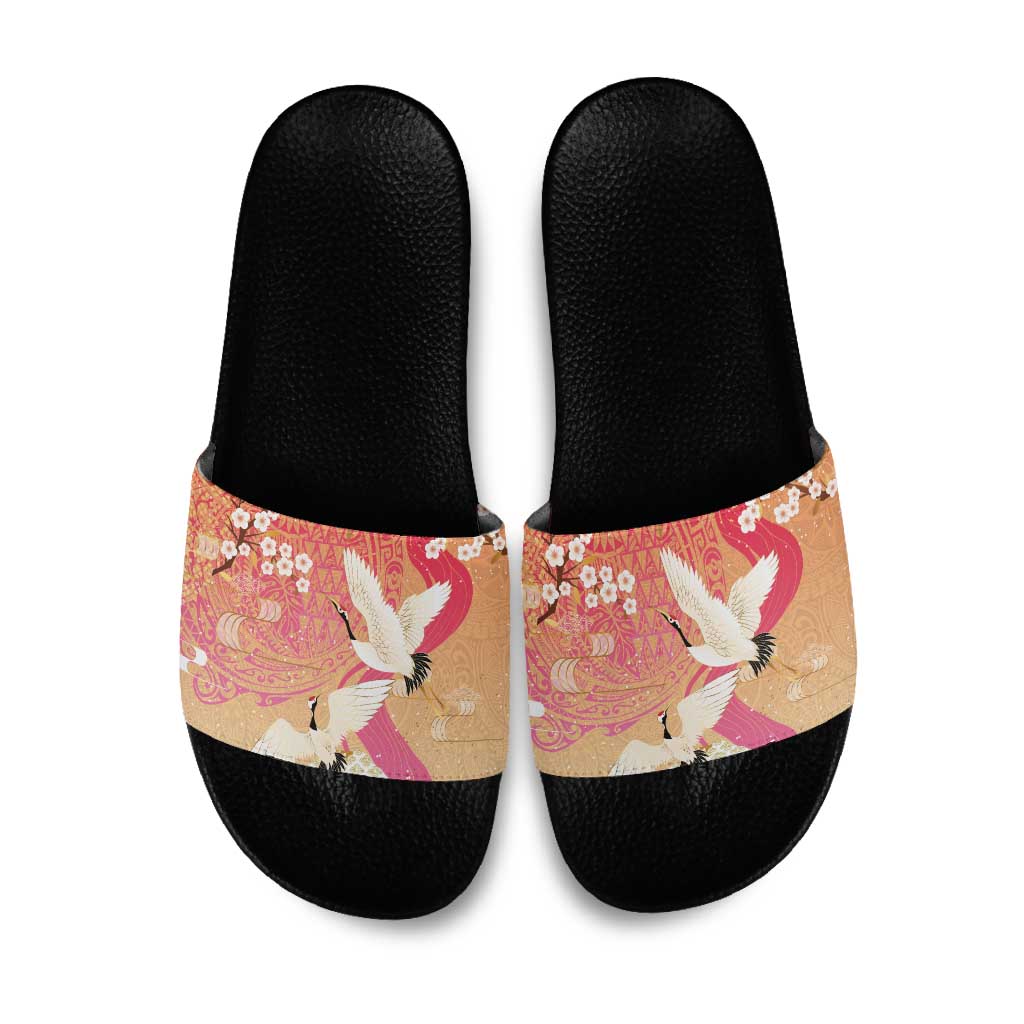 Hawaiian and Japanese Culture Together Slide Sandals Kakau Art Tattoo with Cranes and Sakura Spring Vibe LT03 Multicolor - Polynesian Pride
