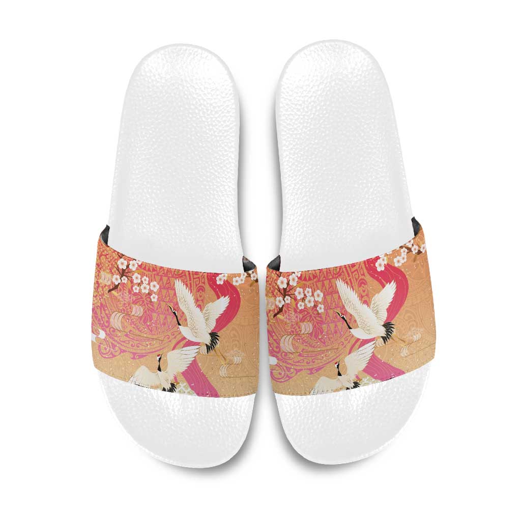 Hawaiian and Japanese Culture Together Slide Sandals Kakau Art Tattoo with Cranes and Sakura Spring Vibe LT03 Multicolor - Polynesian Pride