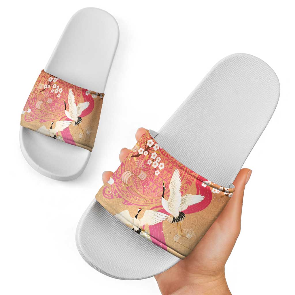 Hawaiian and Japanese Culture Together Slide Sandals Kakau Art Tattoo with Cranes and Sakura Spring Vibe LT03 - Polynesian Pride