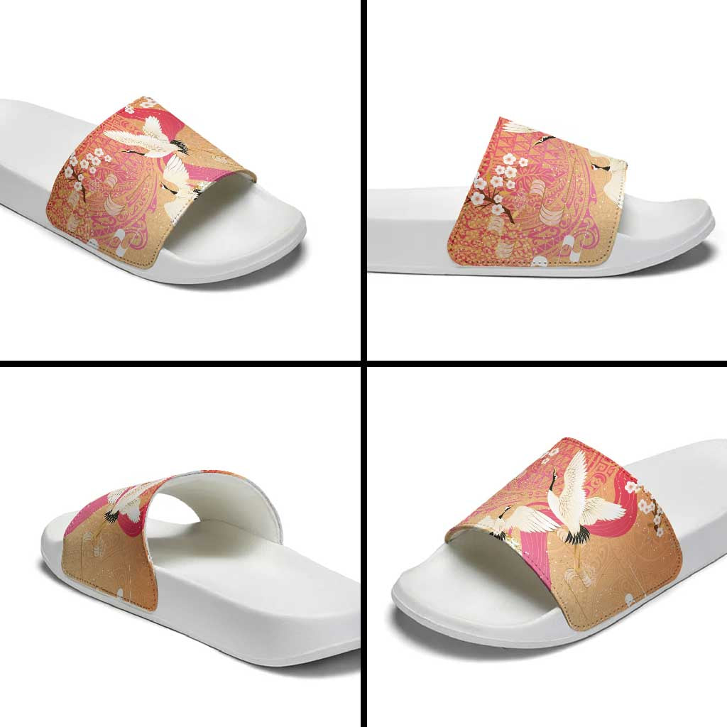 Hawaiian and Japanese Culture Together Slide Sandals Kakau Art Tattoo with Cranes and Sakura Spring Vibe LT03 - Polynesian Pride