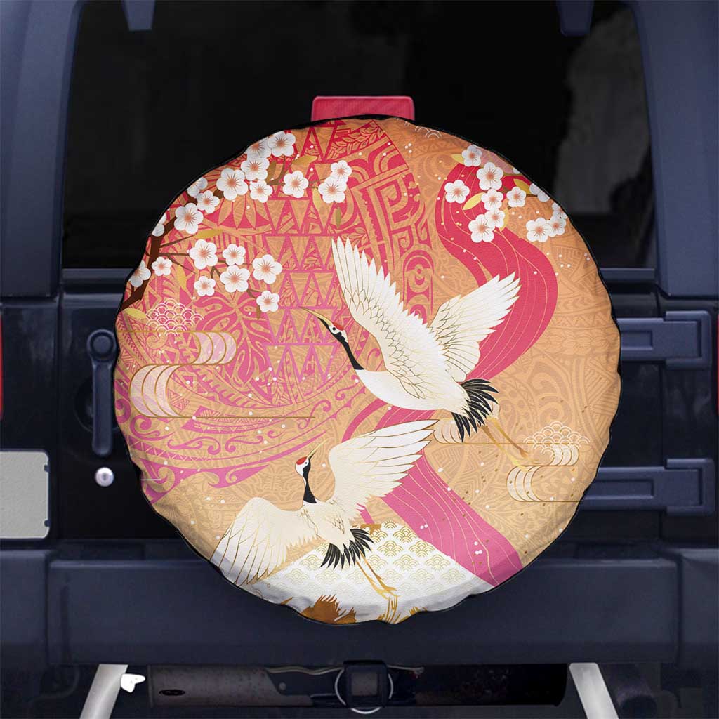 Hawaiian and Japanese Culture Together Spare Tire Cover Kakau Art Tattoo with Cranes and Sakura Spring Vibe LT03 No hole Multicolor - Polynesian Pride