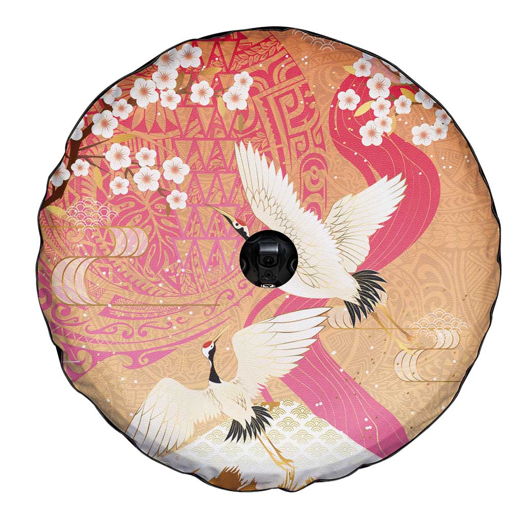 Hawaiian and Japanese Culture Together Spare Tire Cover Kakau Art Tattoo with Cranes and Sakura Spring Vibe LT03 - Polynesian Pride