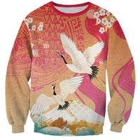 Hawaiian and Japanese Culture Together Sweatshirt Kakau Art Tattoo with Cranes and Sakura Spring Vibe LT03 Unisex Multicolor - Polynesian Pride