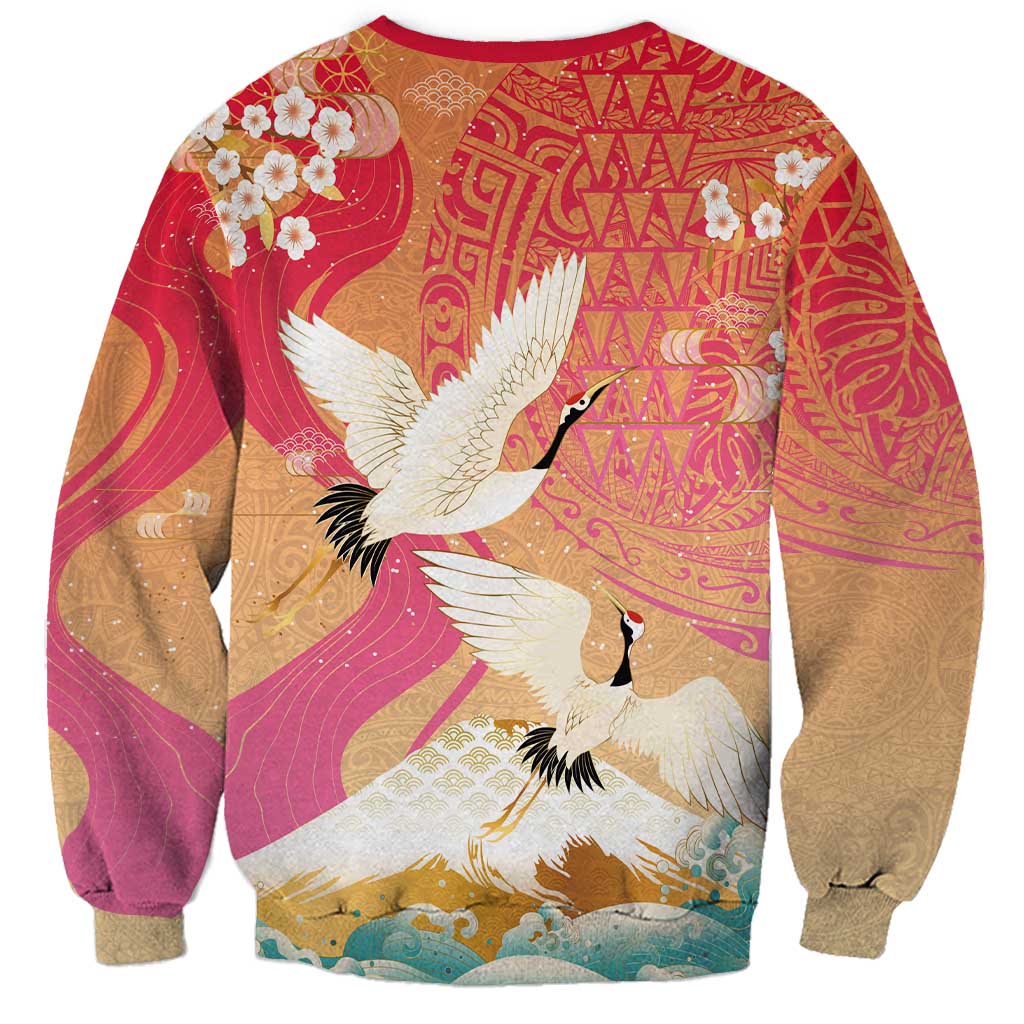 Hawaiian and Japanese Culture Together Sweatshirt Kakau Art Tattoo with Cranes and Sakura Spring Vibe LT03 - Polynesian Pride