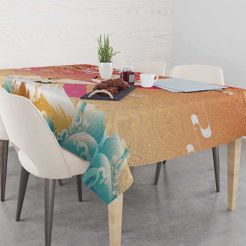 Hawaiian and Japanese Culture Together Tablecloth Kakau Art Tattoo with Cranes and Sakura Spring Vibe LT03 - Polynesian Pride