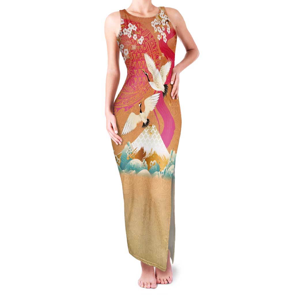 Hawaiian and Japanese Culture Together Tank Maxi Dress Kakau Art Tattoo with Cranes and Sakura Spring Vibe LT03 Women Multicolor - Polynesian Pride