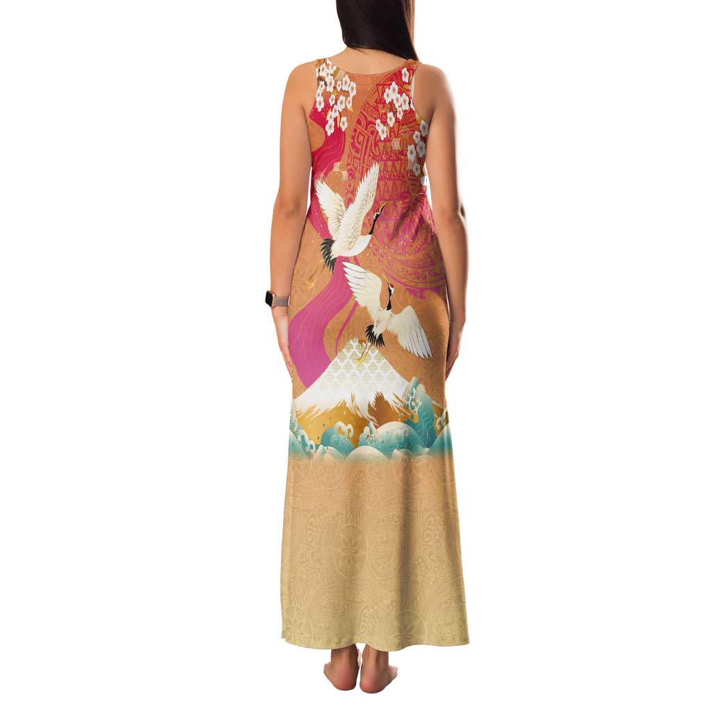 Hawaiian and Japanese Culture Together Tank Maxi Dress Kakau Art Tattoo with Cranes and Sakura Spring Vibe LT03 - Polynesian Pride