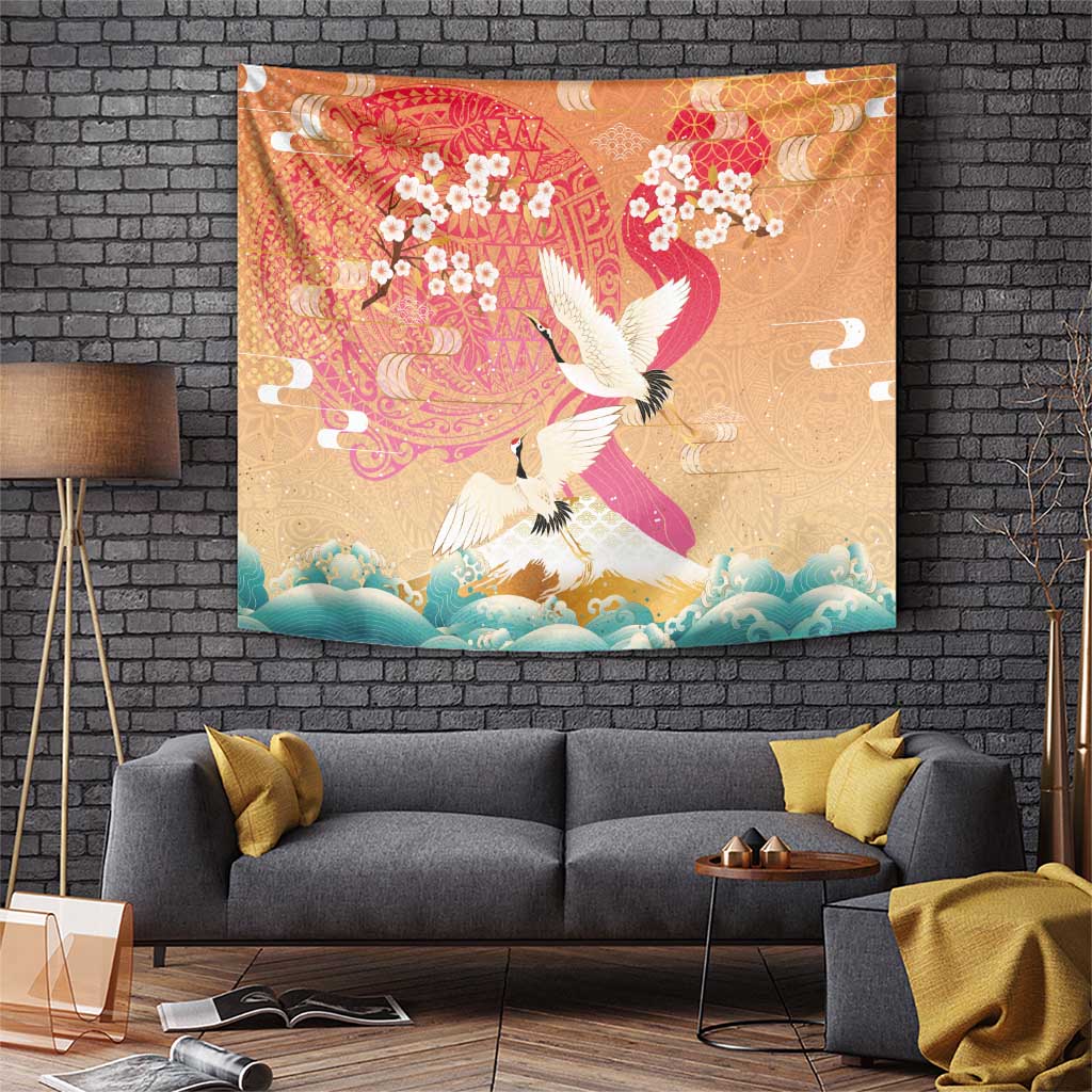 Hawaiian and Japanese Culture Together Tapestry Kakau Art Tattoo with Cranes and Sakura Spring Vibe LT03 Multicolor - Polynesian Pride