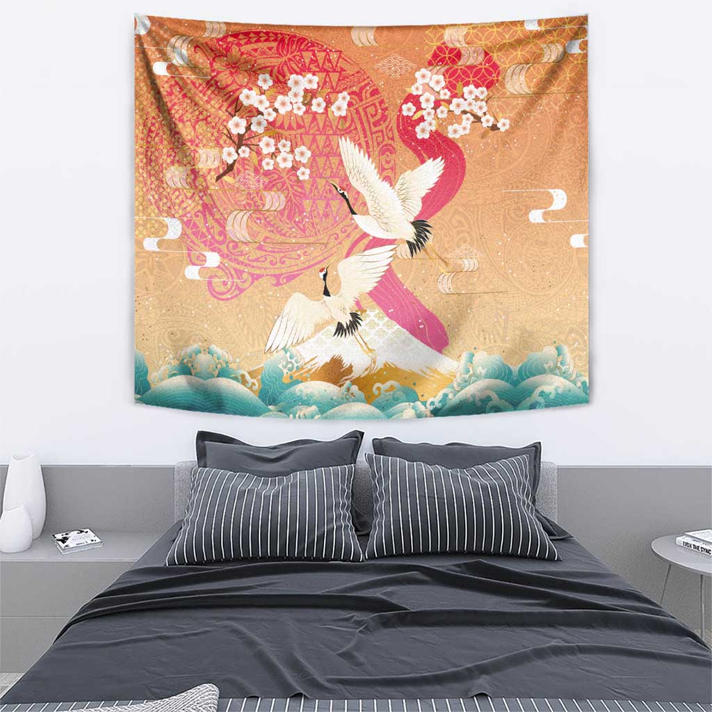 Hawaiian and Japanese Culture Together Tapestry Kakau Art Tattoo with Cranes and Sakura Spring Vibe LT03 - Polynesian Pride