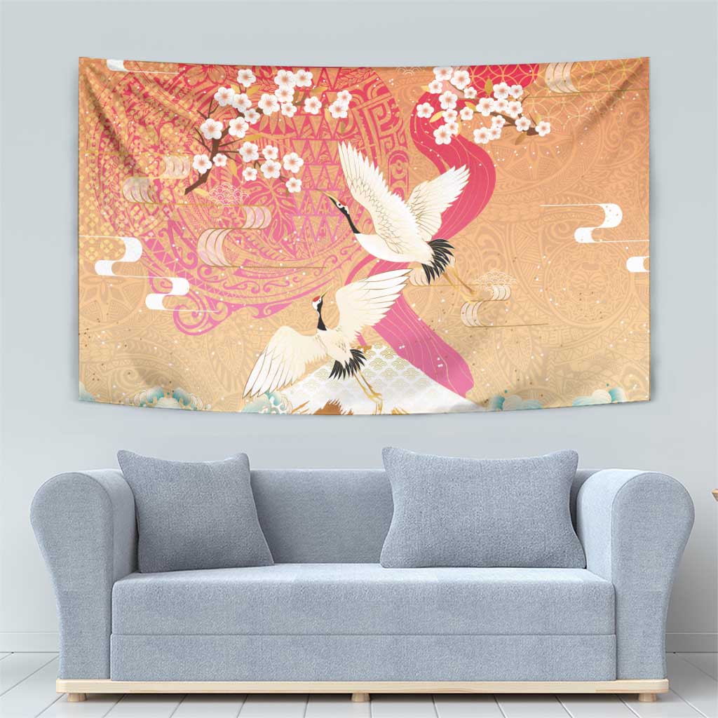 Hawaiian and Japanese Culture Together Tapestry Kakau Art Tattoo with Cranes and Sakura Spring Vibe LT03 - Polynesian Pride