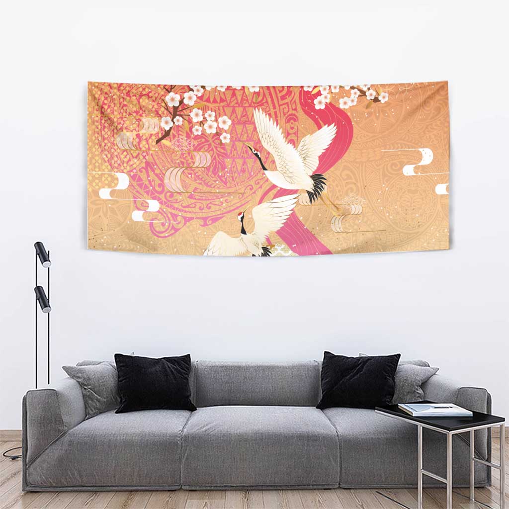 Hawaiian and Japanese Culture Together Tapestry Kakau Art Tattoo with Cranes and Sakura Spring Vibe LT03 - Polynesian Pride