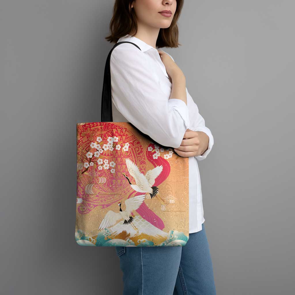 Hawaiian and Japanese Culture Together Tote Bag Kakau Art Tattoo with Cranes and Sakura Spring Vibe LT03 - Polynesian Pride