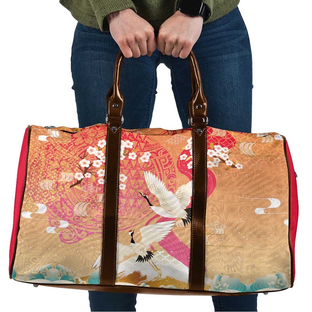 Hawaiian and Japanese Culture Together Travel Bag Kakau Art Tattoo with Cranes and Sakura Spring Vibe LT03 Multicolor - Polynesian Pride