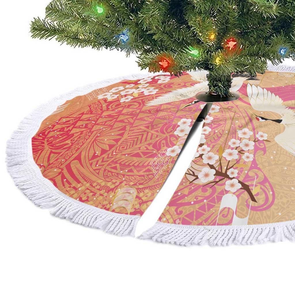 Hawaiian and Japanese Culture Together Tree Skirt Kakau Art Tattoo with Cranes and Sakura Spring Vibe LT03 - Polynesian Pride