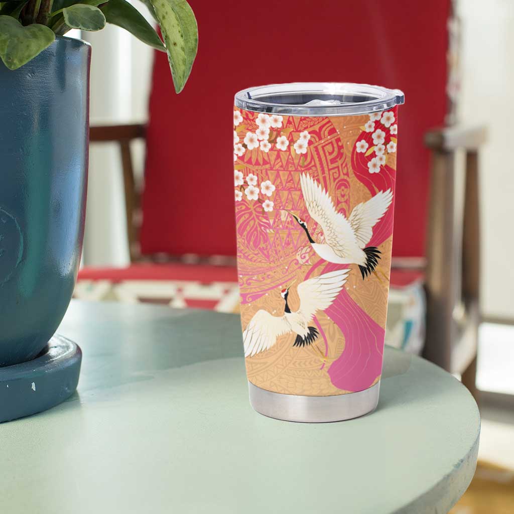 Hawaiian and Japanese Culture Together Tumbler Cup Kakau Art Tattoo with Cranes and Sakura Spring Vibe LT03 - Polynesian Pride