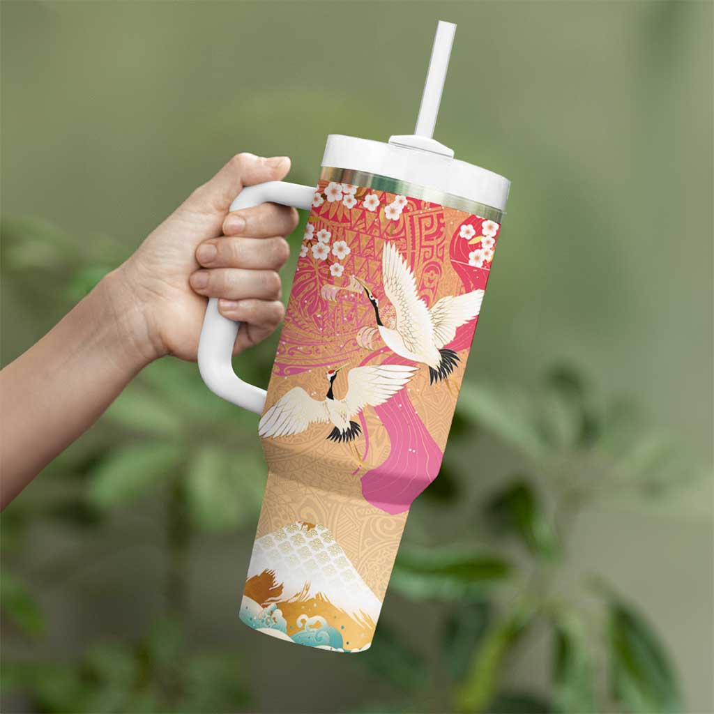 Hawaiian and Japanese Culture Together Tumbler With Handle Kakau Art Tattoo with Cranes and Sakura Spring Vibe LT03 - Polynesian Pride