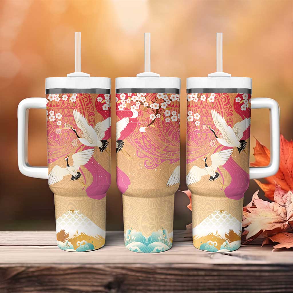 Hawaiian and Japanese Culture Together Tumbler With Handle Kakau Art Tattoo with Cranes and Sakura Spring Vibe LT03 - Polynesian Pride