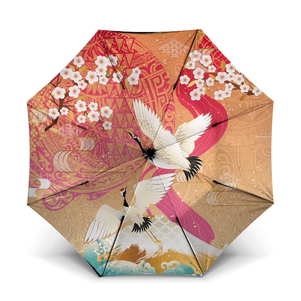 Hawaiian and Japanese Culture Together Umbrella Kakau Art Tattoo with Cranes and Sakura Spring Vibe - Polynesian Pride