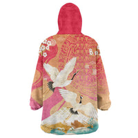 Hawaiian and Japanese Culture Together Wearable Blanket Hoodie Kakau Art Tattoo with Cranes and Sakura Spring Vibe LT03 - Polynesian Pride