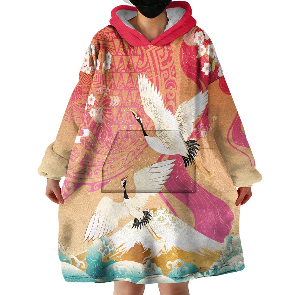 Hawaiian and Japanese Culture Together Wearable Blanket Hoodie Kakau Art Tattoo with Cranes and Sakura Spring Vibe LT03 - Polynesian Pride